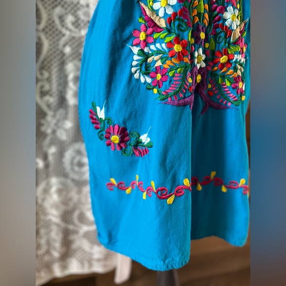 Blue Authentic Mexican Flower Embroidered Short Sleeve Midi Dress One Size - Picture 6 of 9